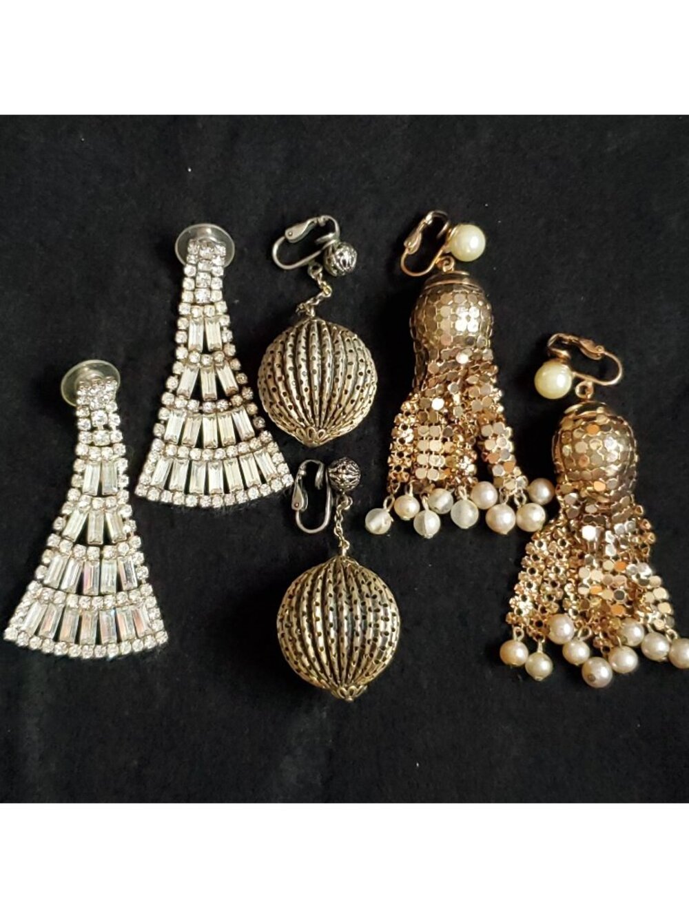 Vintage Dangle Earrings Mesh Rhinestone Gold Silver Tone 2.5" READ